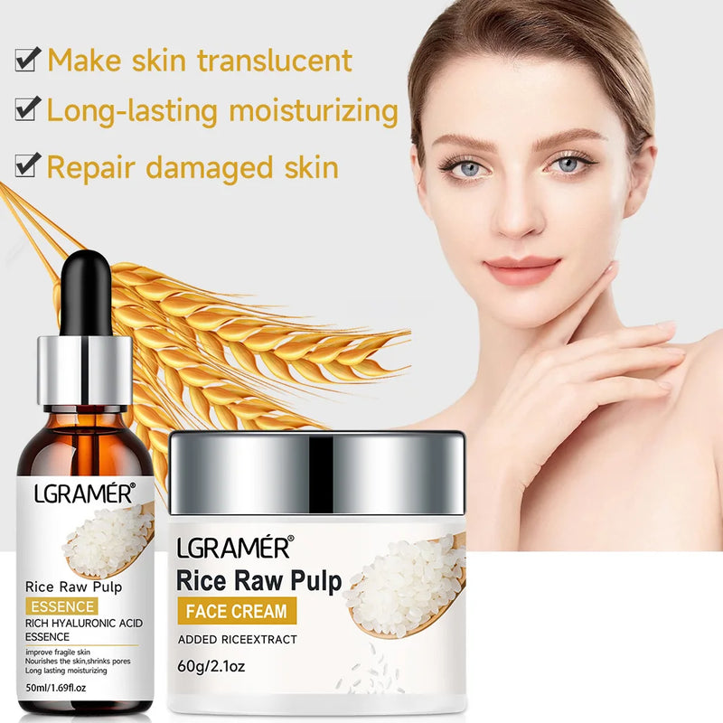 White Rice Serum Cream Combo Smooth Wrinkles Lifting Shrink Pores for Younger Healthier Skin Moisturizing Rice Raw Pulp Care Serum