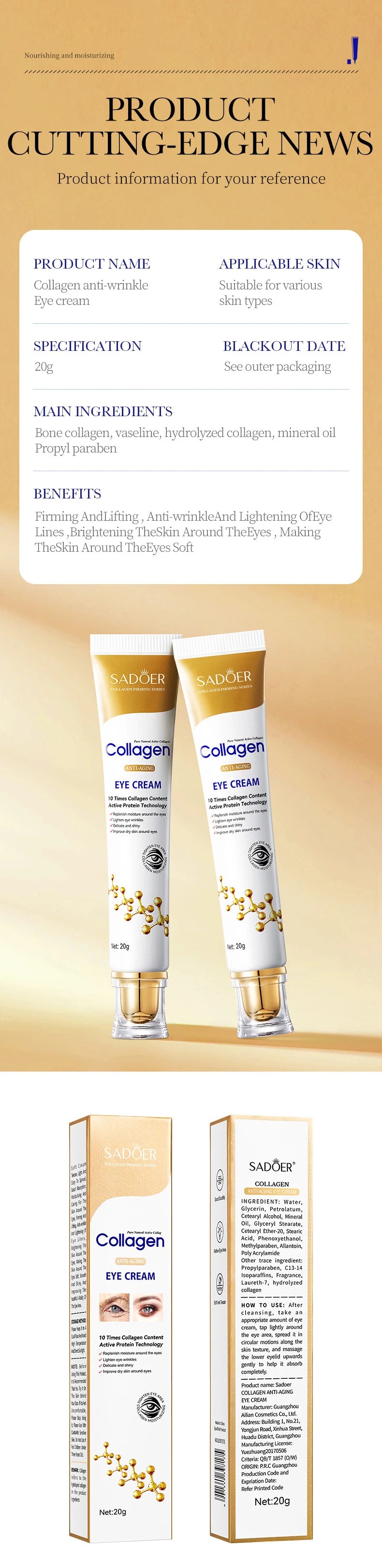 SADOER Collagen Skin Care Sets Moisturizing Anti-aging Face Cream Anti Dark Circles Eye Cream Eyes Facial Travel Size Skin Care
