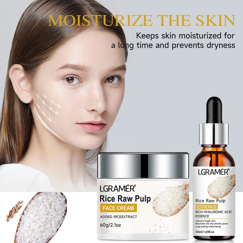 White Rice Serum Cream Combo Smooth Wrinkles Lifting Shrink Pores for Younger Healthier Skin Moisturizing Rice Raw Pulp Care Serum