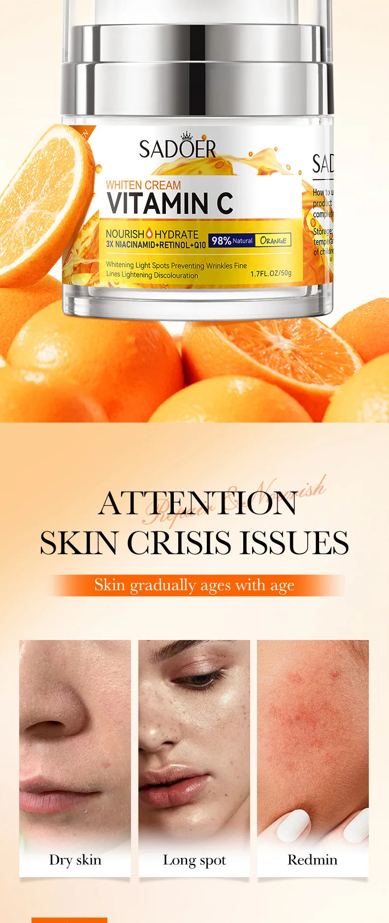 SADOER Vitamin C Collagen Face Cream Firming Moisturizing Brightening Hydrating Facial Cream Day Creams Beauty Face Skin Care