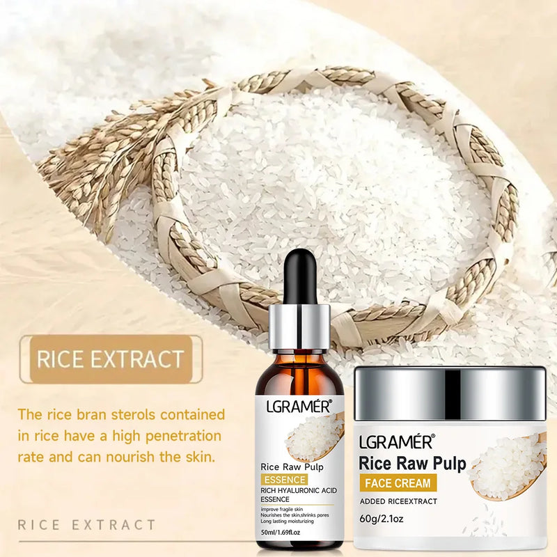 White Rice Serum Cream Combo Smooth Wrinkles Lifting Shrink Pores for Younger Healthier Skin Moisturizing Rice Raw Pulp Care Serum